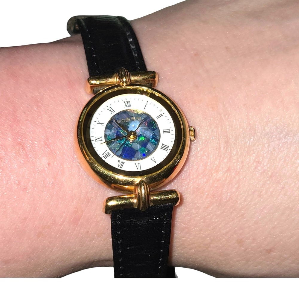 Fossil Womens Watch PC-7380 Faceted Crystal Abalone Mosaic Inlay VTG 90s WORKS